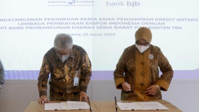 bank dengan kode saham BJBR ini melakukan Penandatangan Kerja Sama Penjaminan Kredit dengan Lembaga Pembiayaan Ekspor Indonesia (LPEI), Jumat 25 Maret 2022 di Jakarta.