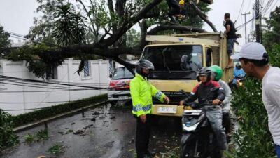 Dihantam Hujan Deras Disertai Angin Kencang, Pohon di Dayeuhkolot Tumbang Timpa Truk