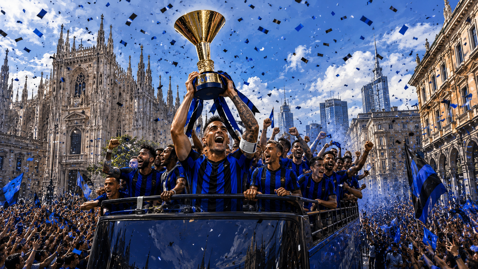 Ilustrasi Lautaro Martinez mengangkat trofi Serie A di atas bus parade Inter Milan.