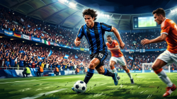 Ilustrasi Pemain muda dengan jersey biru hitam Inter Milan sedang menggiring bola di stadion.