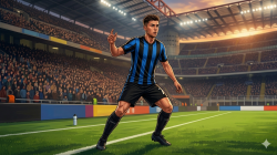 Ilustrasi Francesco Pio Esposito mengenakan jersey biru hitam dengan latar stadion.