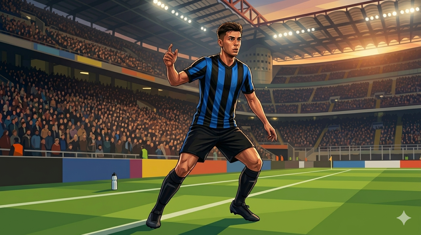 Ilustrasi Gelandang muda dengan jersey biru hitam di lapangan stadion.
