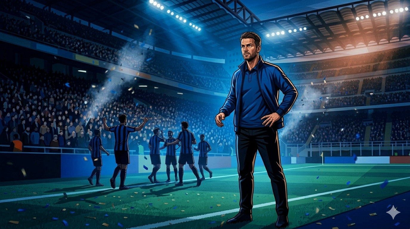 Ilustrasi Cristian Chivu berdiri di pinggir lapangan dengan latar stadion.