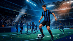 Ilustrasi Gelandang muda dengan jersey biru hitam menguasai bola di stadion.