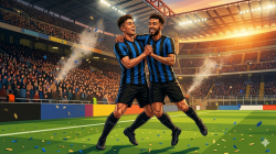 Ilustrasi Dua striker dengan jersey biru hitam merayakan gol di stadion.
