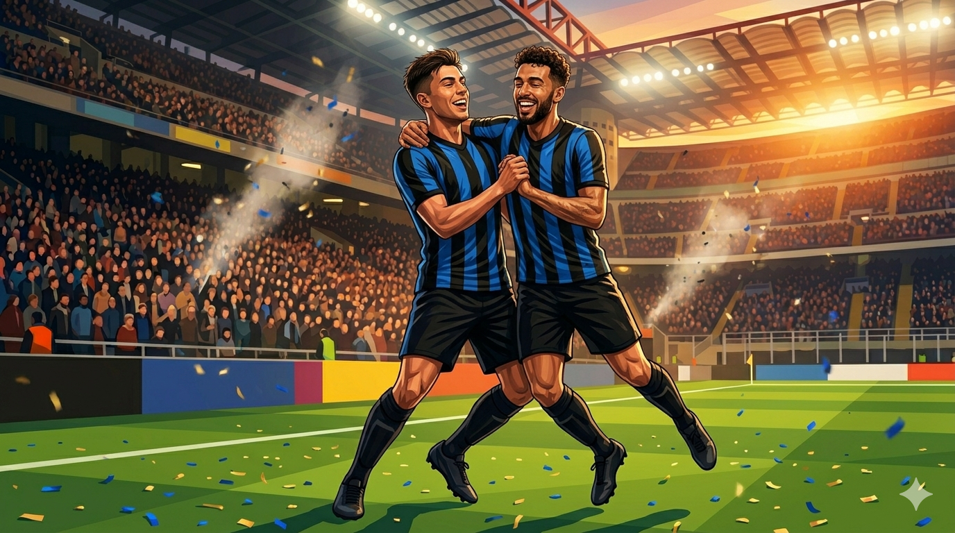 Ilustrasi Dua striker dengan jersey biru hitam merayakan gol di stadion.