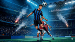 Ilustrasi Valentin Carboni mengenakan jersey biru hitam dengan latar stadion.