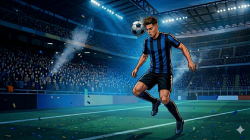 Ilustrasi Valentin Carboni mengenakan jersey biru hitam di lapangan.