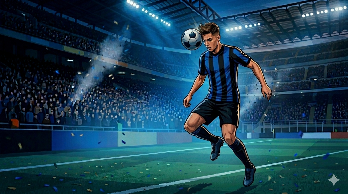 Ilustrasi Valentin Carboni mengenakan jersey biru hitam di lapangan.