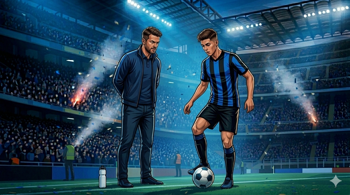 Ilustrasi Cristian Chivu berdiri di pinggir lapangan dengan gelandang muda Inter Milan.