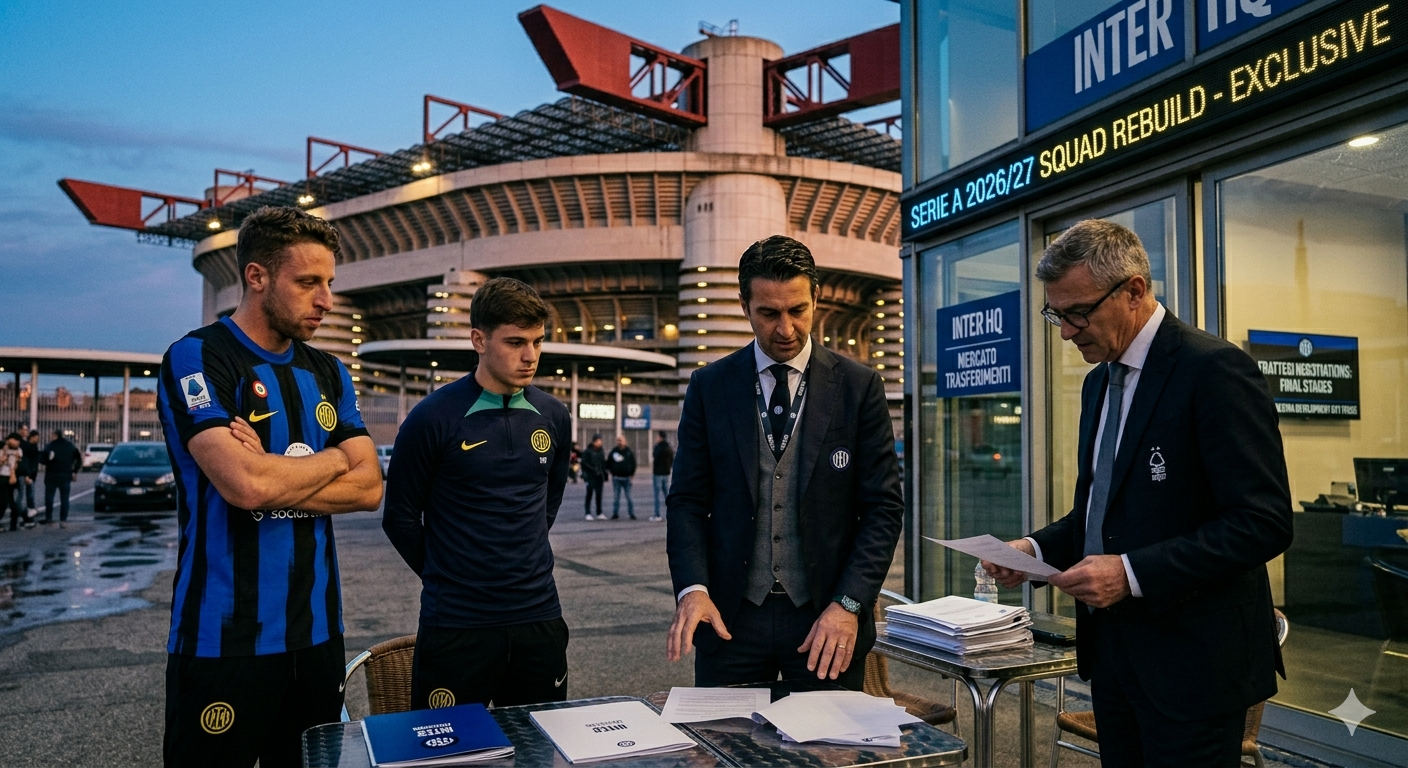 Ilustrasi Cristian Chivu memantau aktivitas bursa transfer Inter Milan 2026/2027 yang melibatkan Davide Frattesi dan Marco Palestra.