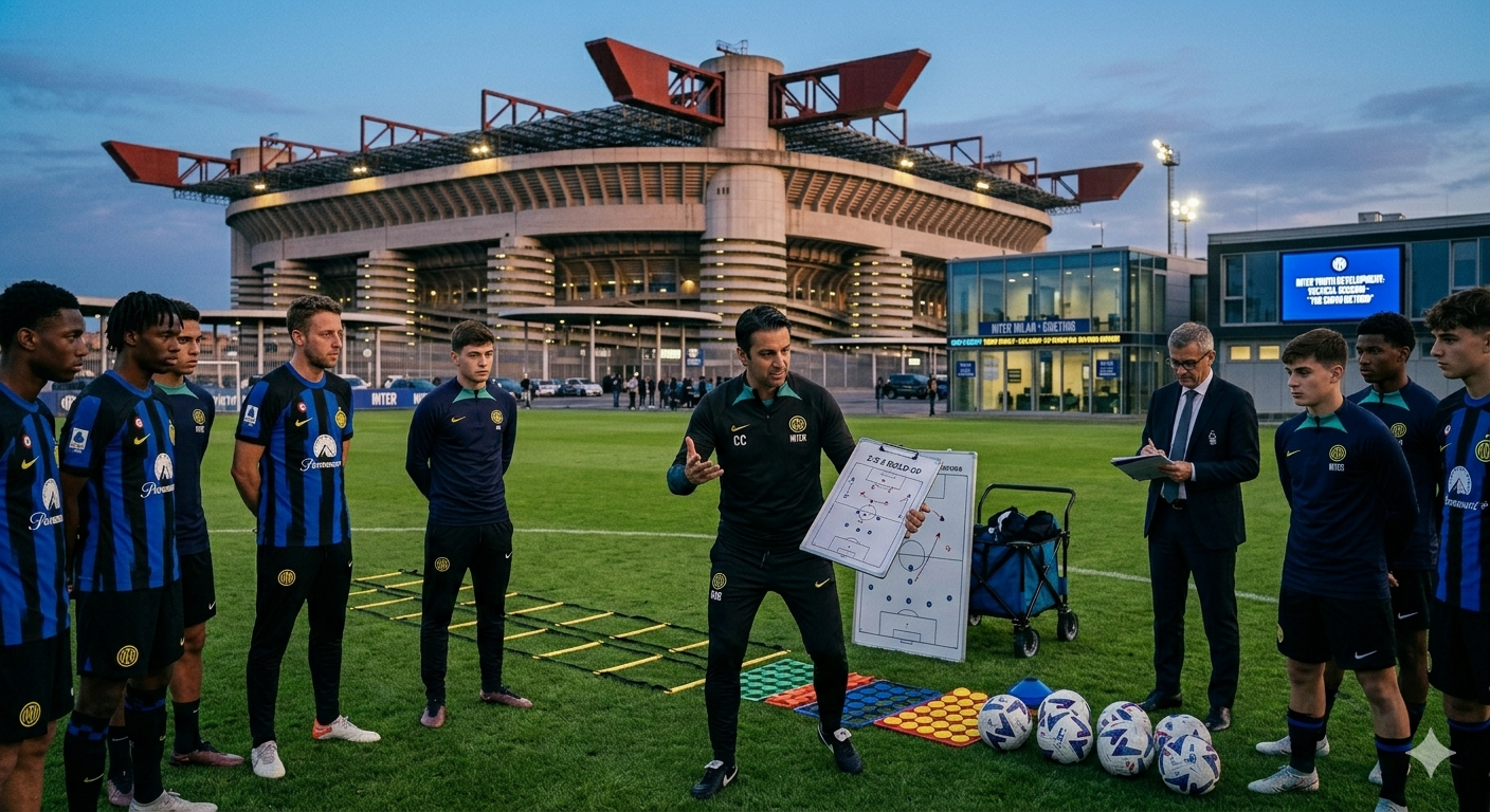 Ilustrasi Cristian Chivu memberikan arahan kepada para pemain muda Inter Milan dalam sesi latihan.
