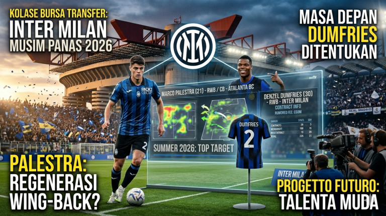Ilustrasi Bursa transfer Inter Milan 2026 dengan Marco Palestra dan Denzel Dumfries
