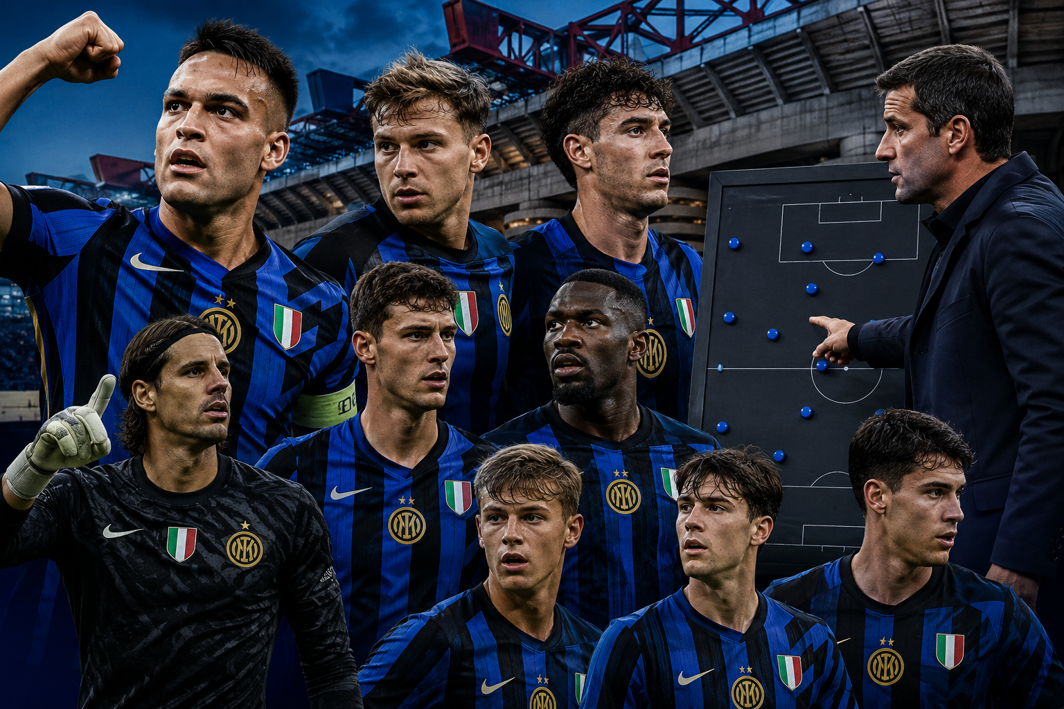 Ilustrasi Skuad Inter Milan 2026 lengkap bersama Cristian Chivu dan para pemain baru Nerazzurri.