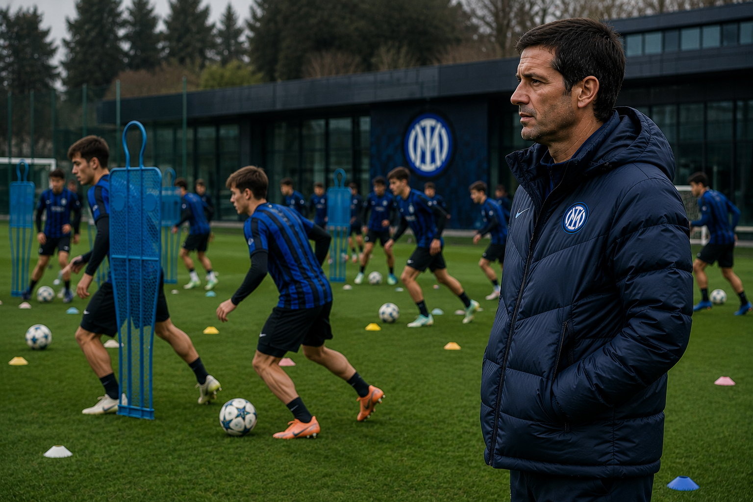 Ilustrasi Cristian Chivu mengawasi latihan pemain muda Akademi Inter Milan di Appiano Gentile.