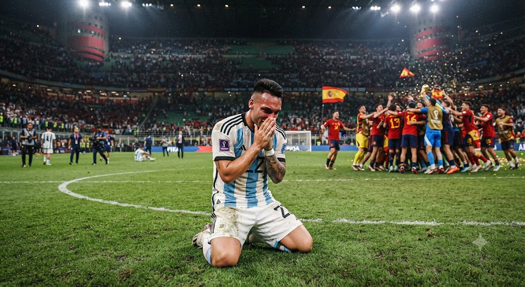 Ilustrasi Lautaro Martinez kecewa setelah Argentina kalah dari Spanyol di final Piala Dunia 2026.
