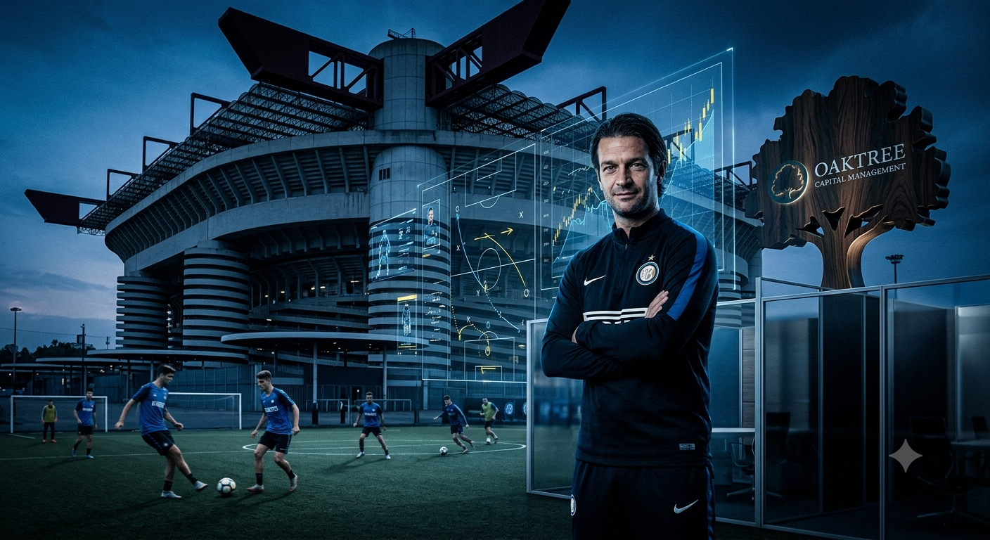 Ilustrasi Strategi Oaktree membangun masa depan Inter Milan bersama Cristian Chivu.