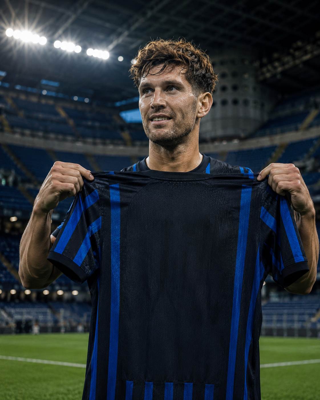 Ilustrasi John Stones mengenakan jersey Inter Milan di Giuseppe Meazza.