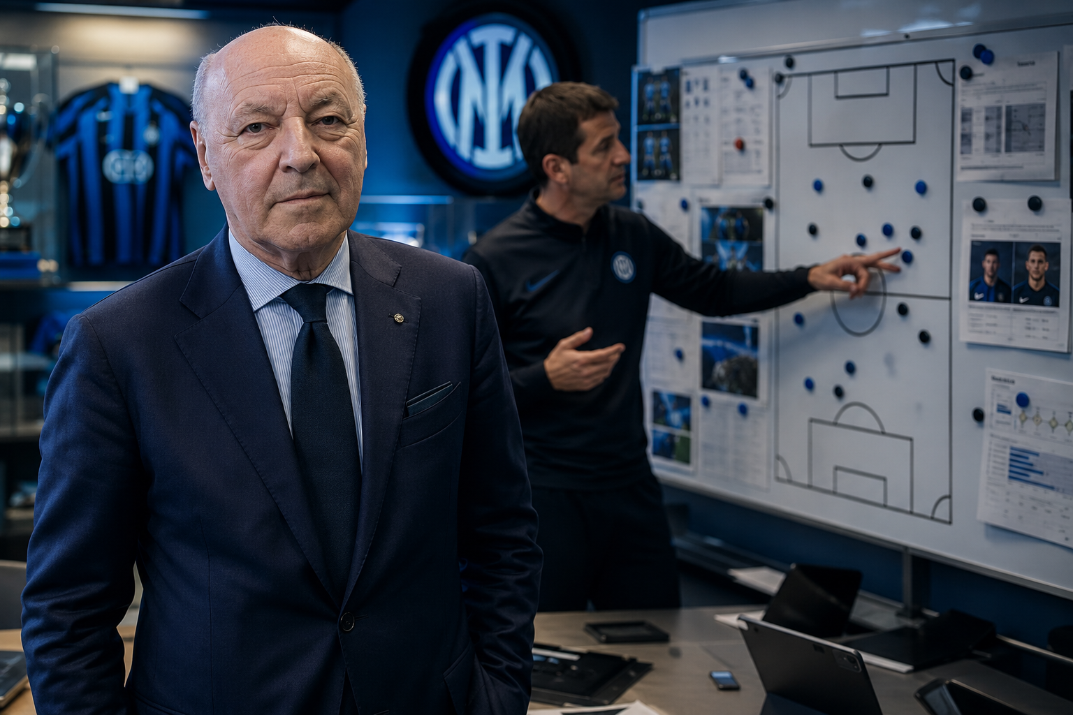 Ilustrasi Giuseppe Marotta menyusun strategi transfer Inter Milan untuk membangun skuad yang kompetitif dan berkelanjutan.