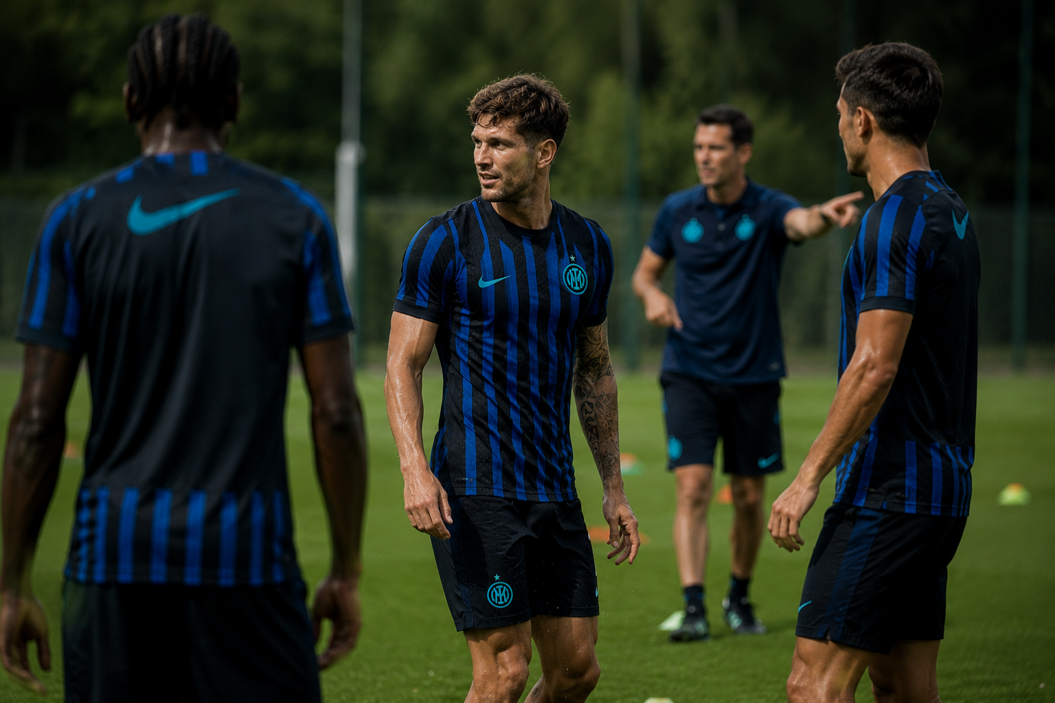 Ilustrasi John Stones mengenakan jersey Inter Milan saat mengikuti latihan pramusim bersama skuad Cristian Chivu.
