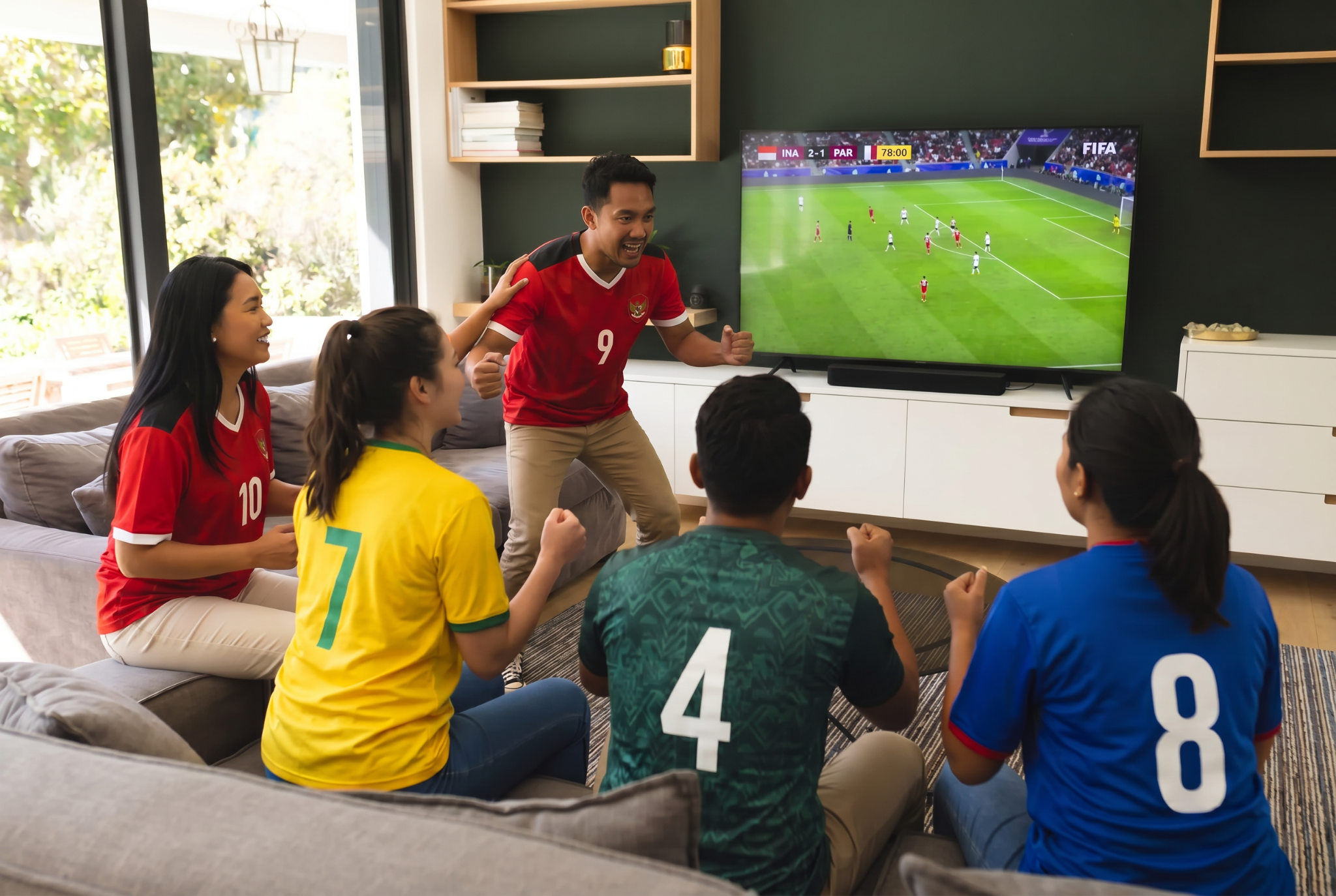 Suasana nonton bareng sepak bola di rumah ala tribun VIP.
